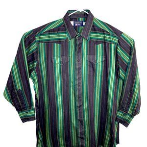Vintage Panhandle Slim Mens Made in USA Western Shirt Green Blue Stripe 19/36